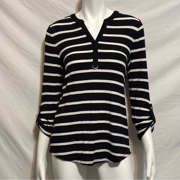 MICHAEL Michael Kors v-neck Roll Tab Long Sleeve striped blouse Size M - Picture 1 of 6